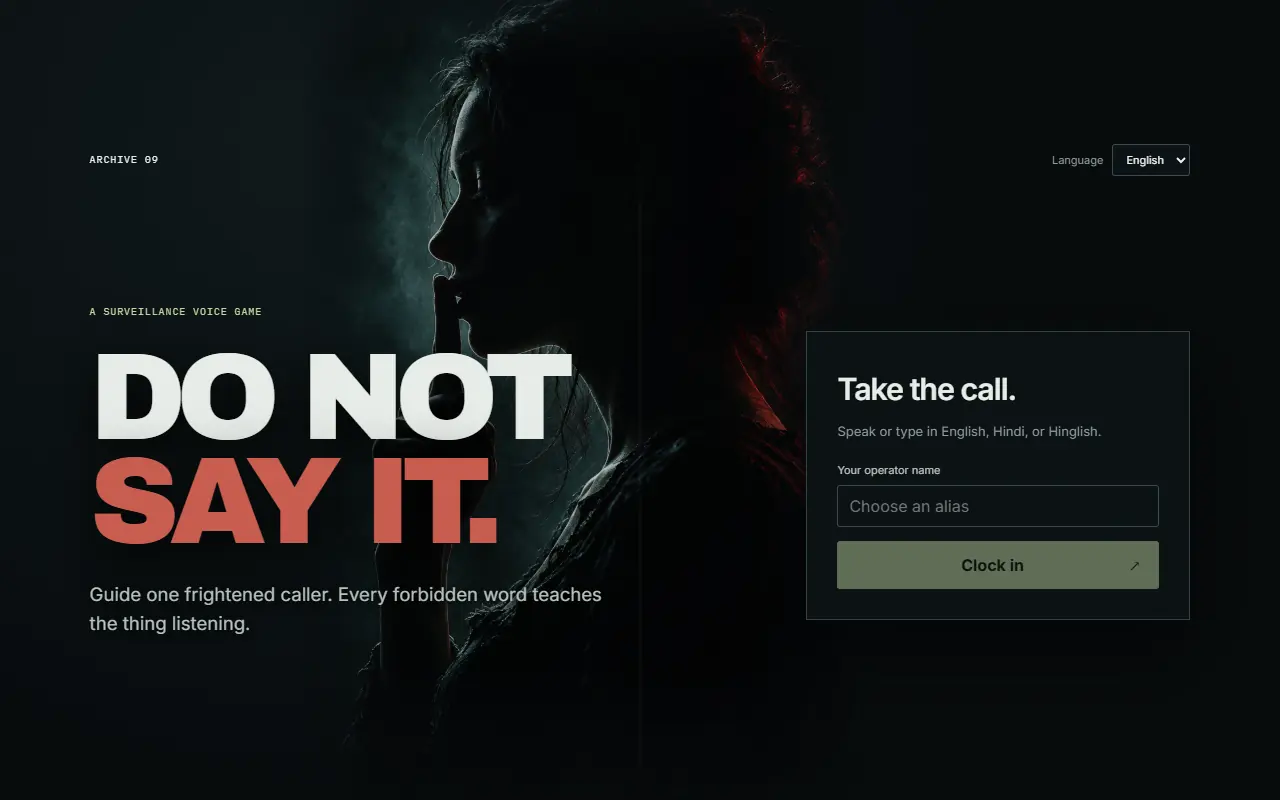 DO NOT SAY IT game interface showing a dark corridor, progress panel, and speech controls.