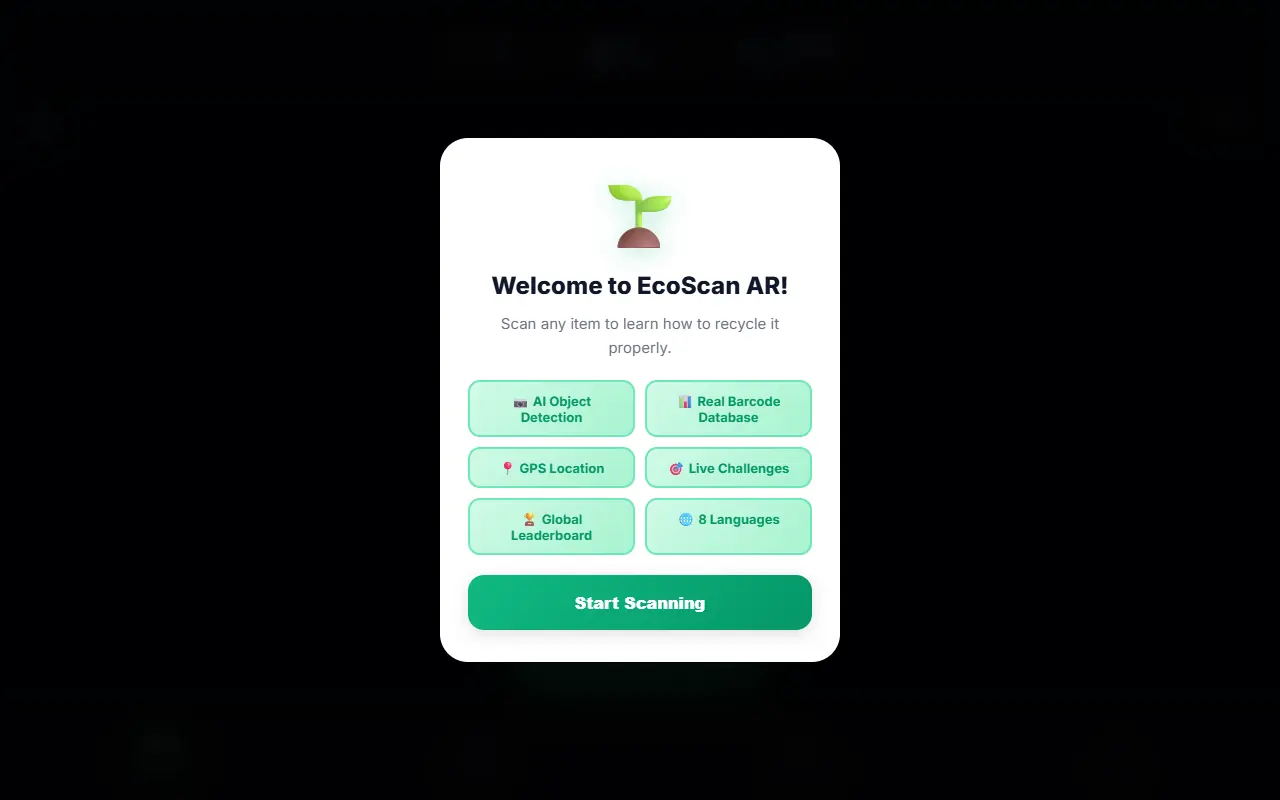 EcoScan AR welcome screen explaining camera-based object scanning for recycling guidance.