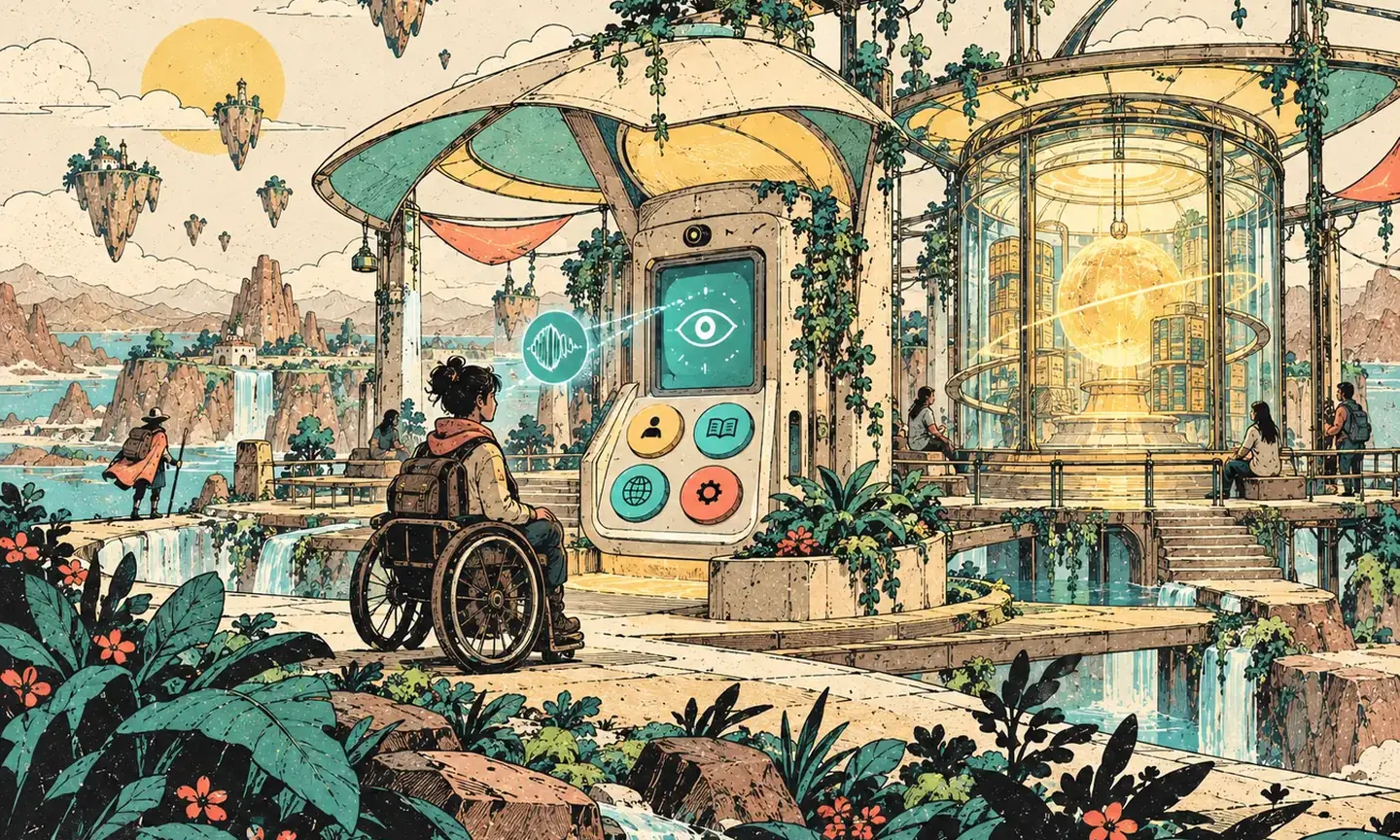 Original illustrated accessible kiosk pavilion with eye-line and voice-wave motifs in a floating garden city.