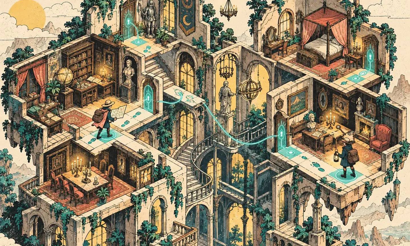 Original illustrated impossible mansion with investigators in separate rooms linked by a turquoise signal trail.