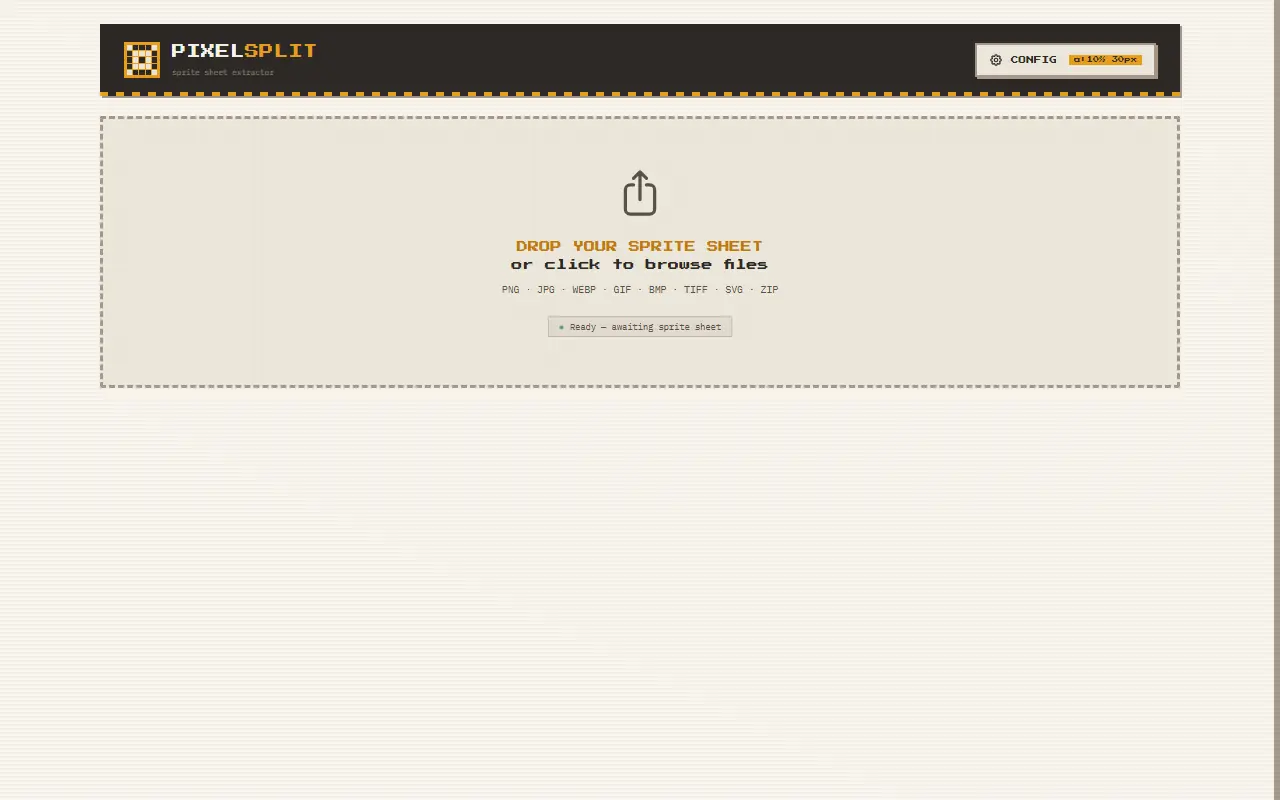 PixelSplit browser interface with a sprite-sheet upload drop zone and extraction settings.